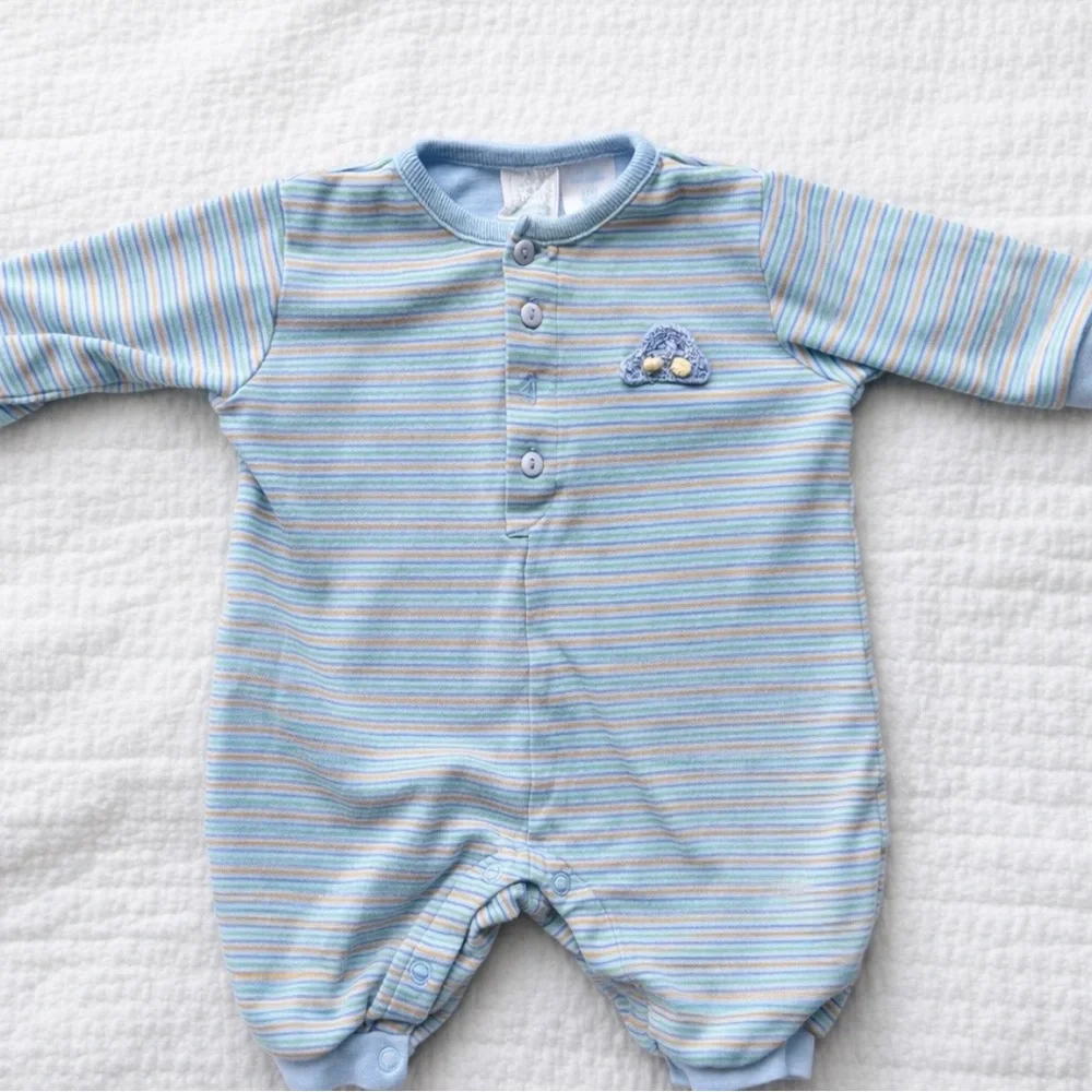 Cherokee Baby 0-3 mos‎ Blue Striped Baby One-Piece Romper Embroidered